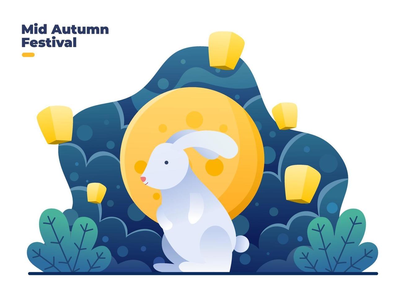 Happy mid autumn festival with cute rabbits, moon and lantern vector
