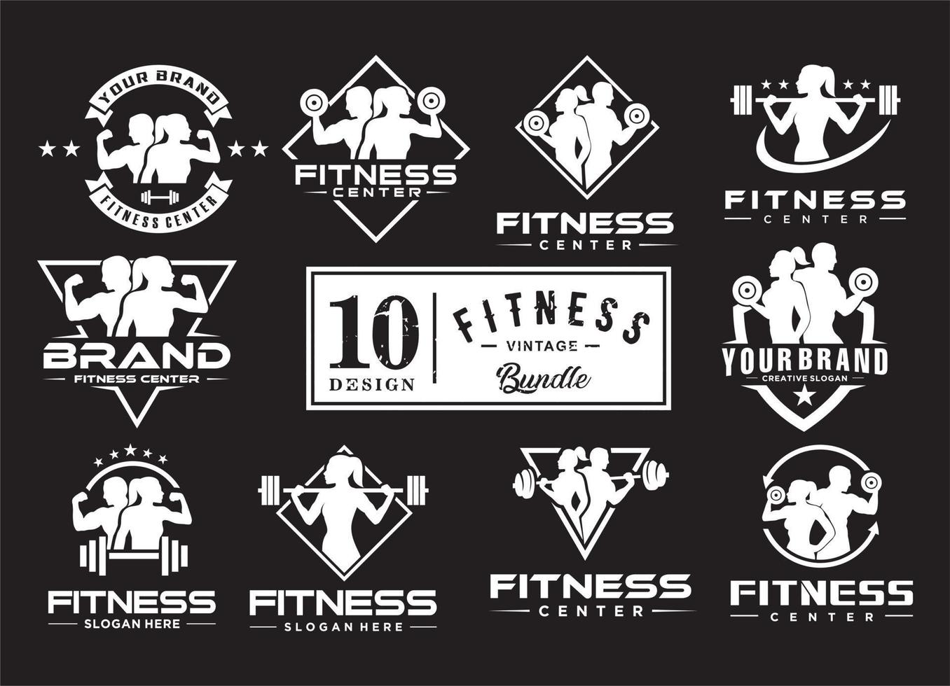 conjunto, de, gimnasio, logotipo, plantilla, icono, silueta, negro vector