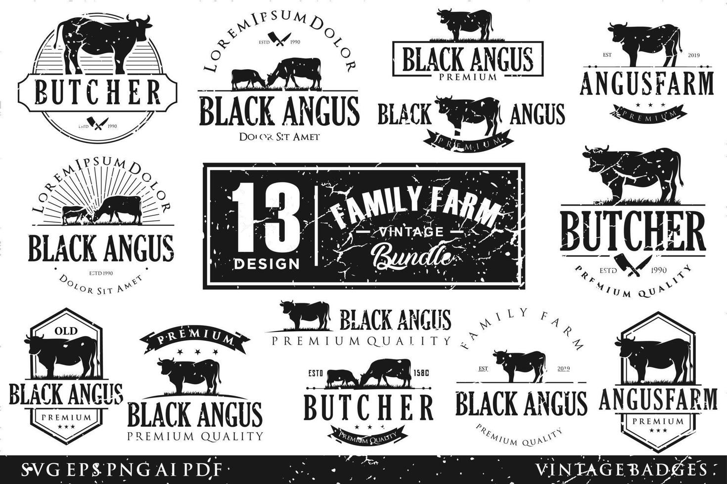 Set of Retro Vintage Cattle Angus Beef logo Emblem Label illustration vector