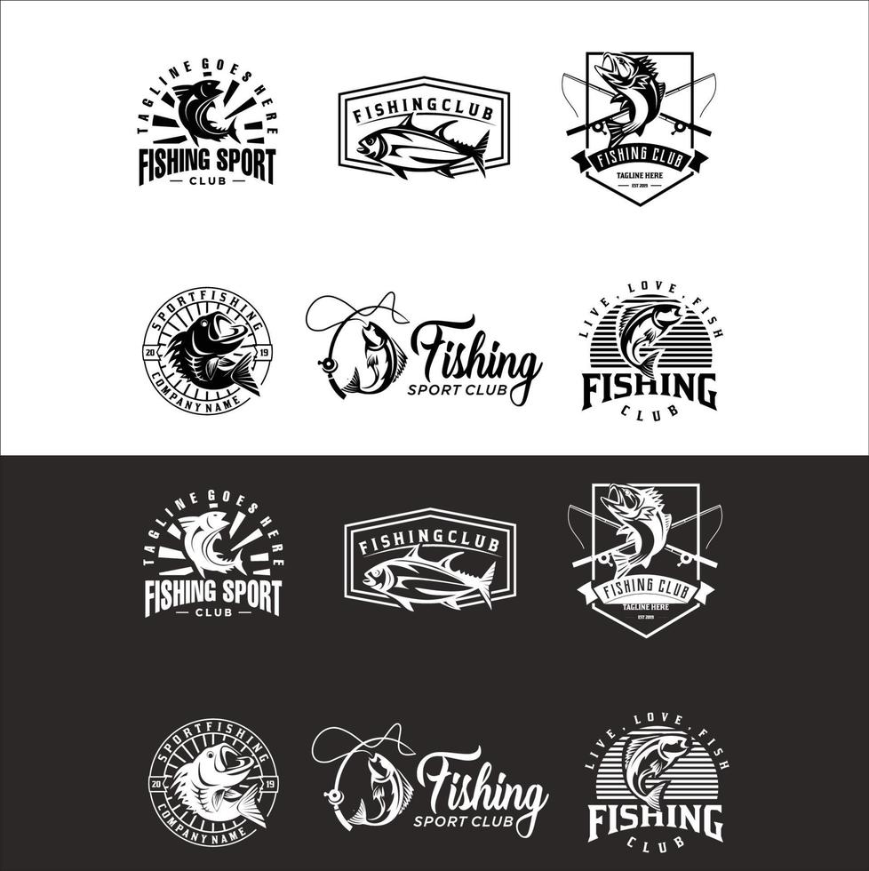 Set of Fishing Fisherman Club Logo Vector Retro Hipster Silhouette