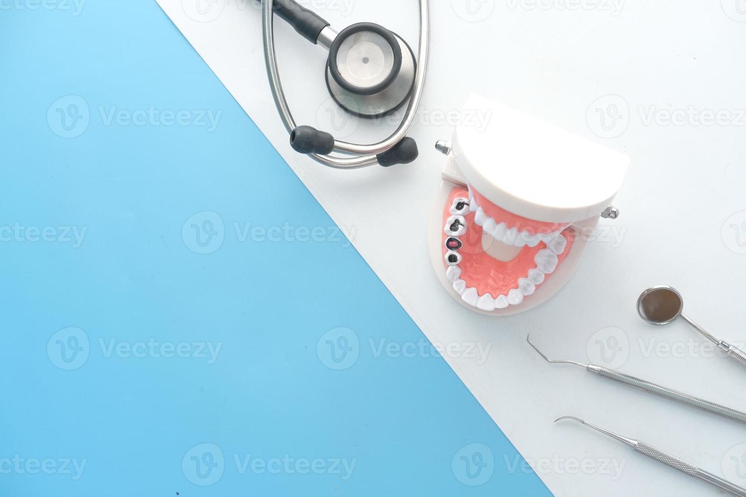Plastic dental teeth model on color background photo