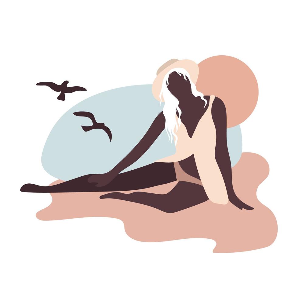 Woman in swimsuit and hat, coast, beige abstraction vector