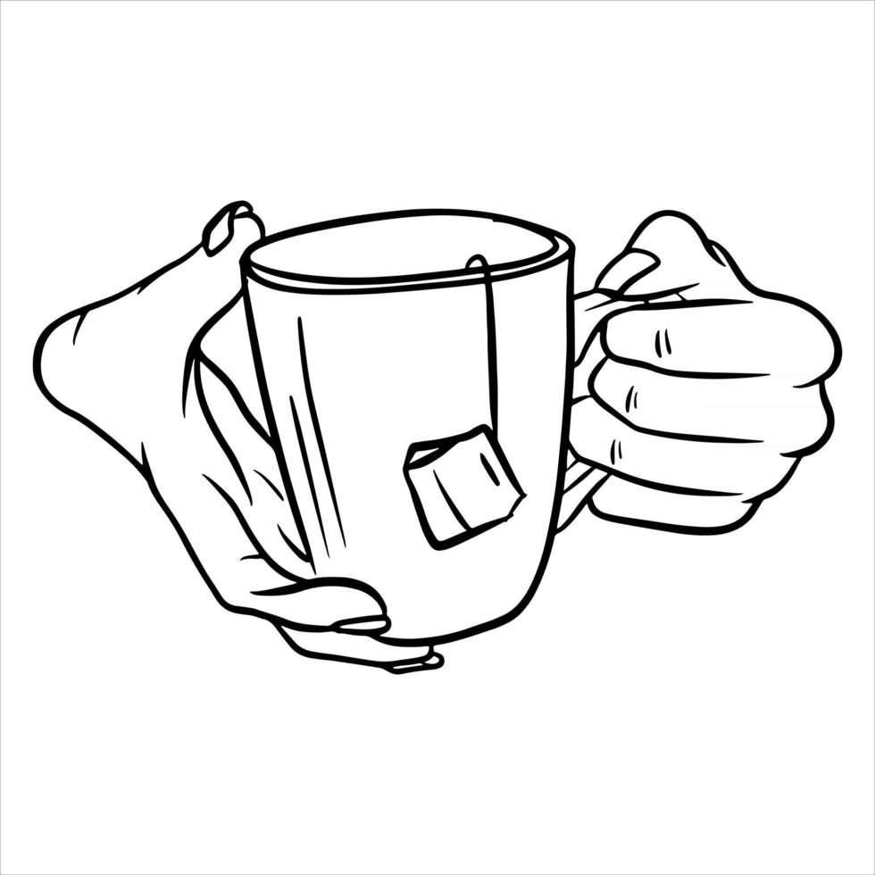 taza con té en la mano. una taza de té aromático para el desayuno. vector