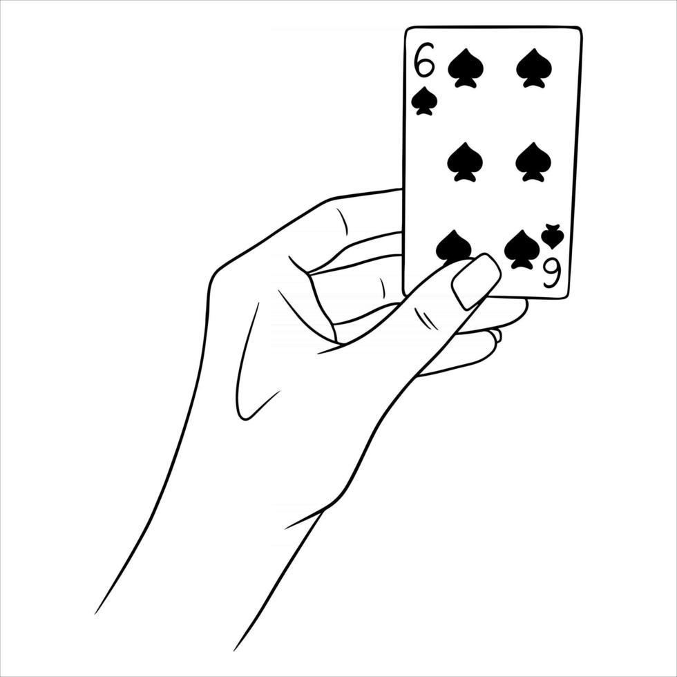 Gambling. Playing card in hand. Casino, luck, fortuna. Six of spades. vector