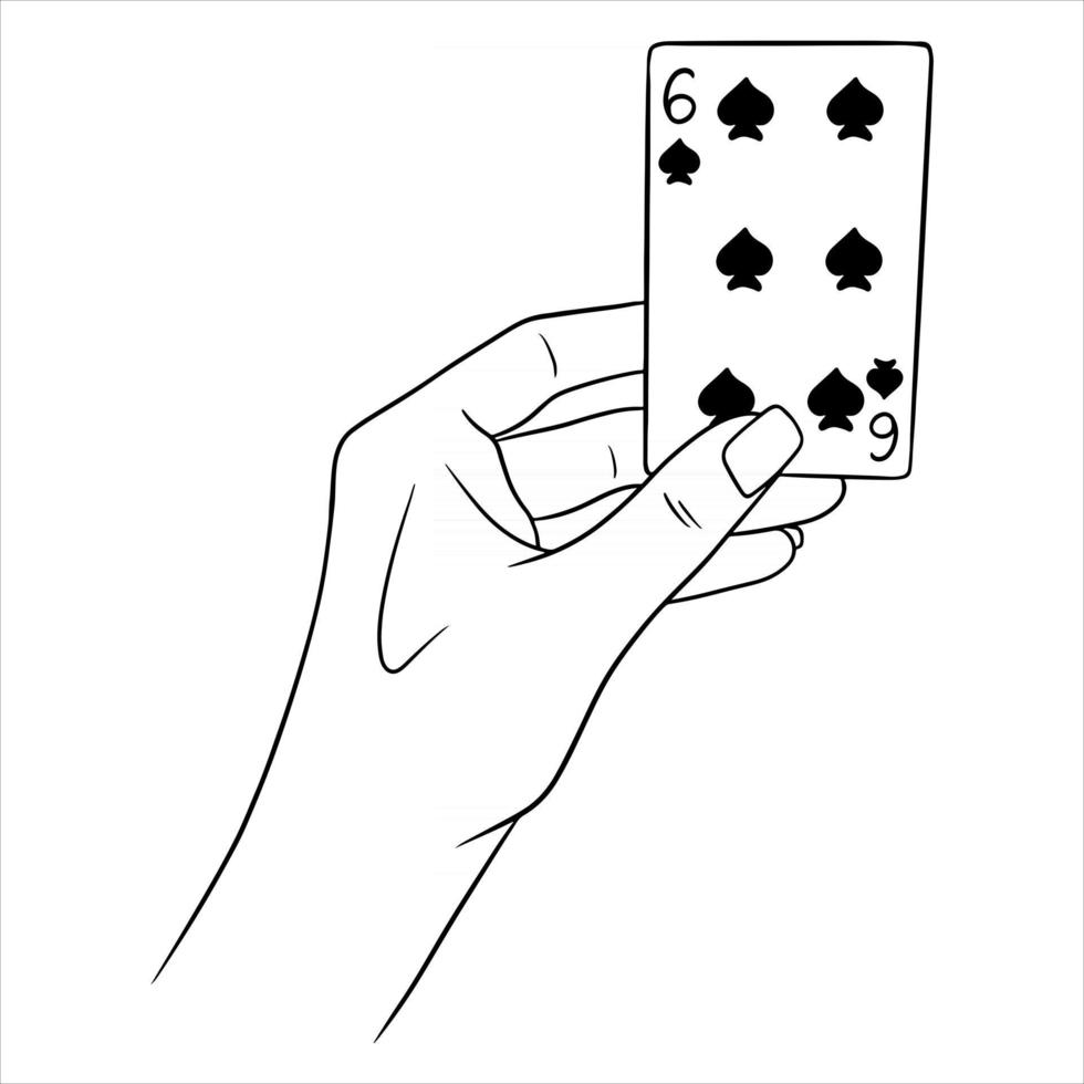 juego. naipes en mano. casino, suerte, suerte. seis de espadas. vector