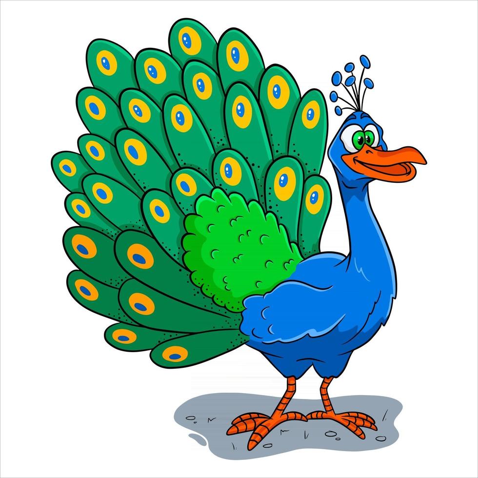 carácter animal pavo real divertido en estilo de dibujos animados vector