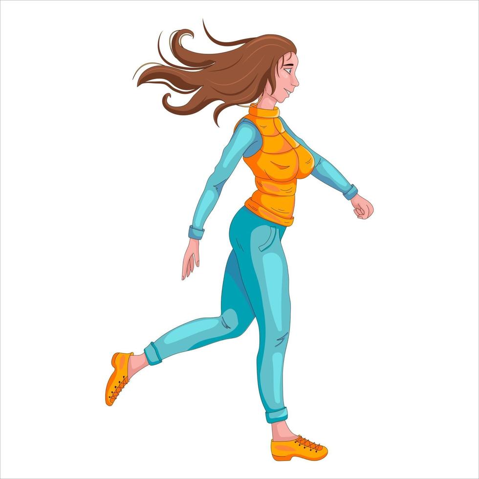 A young girl goes in for sports. The woman is running. Cartoon style. vector