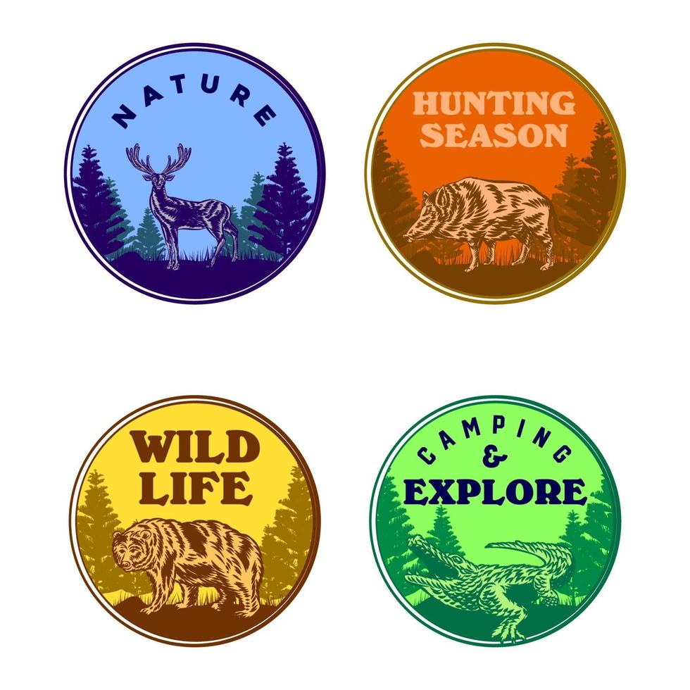 Set of Wild life animal badge crocodile bear deer hog vector