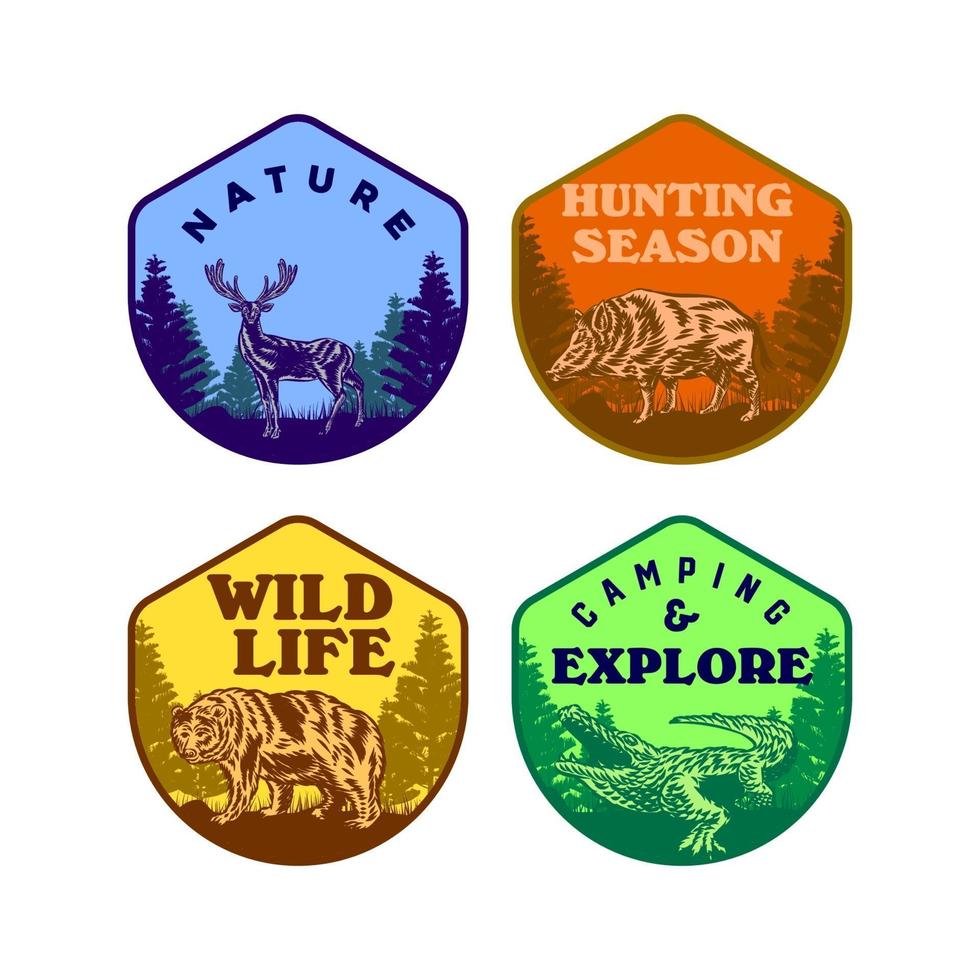Set of Wild life animal badge crocodile bear deer hog vector