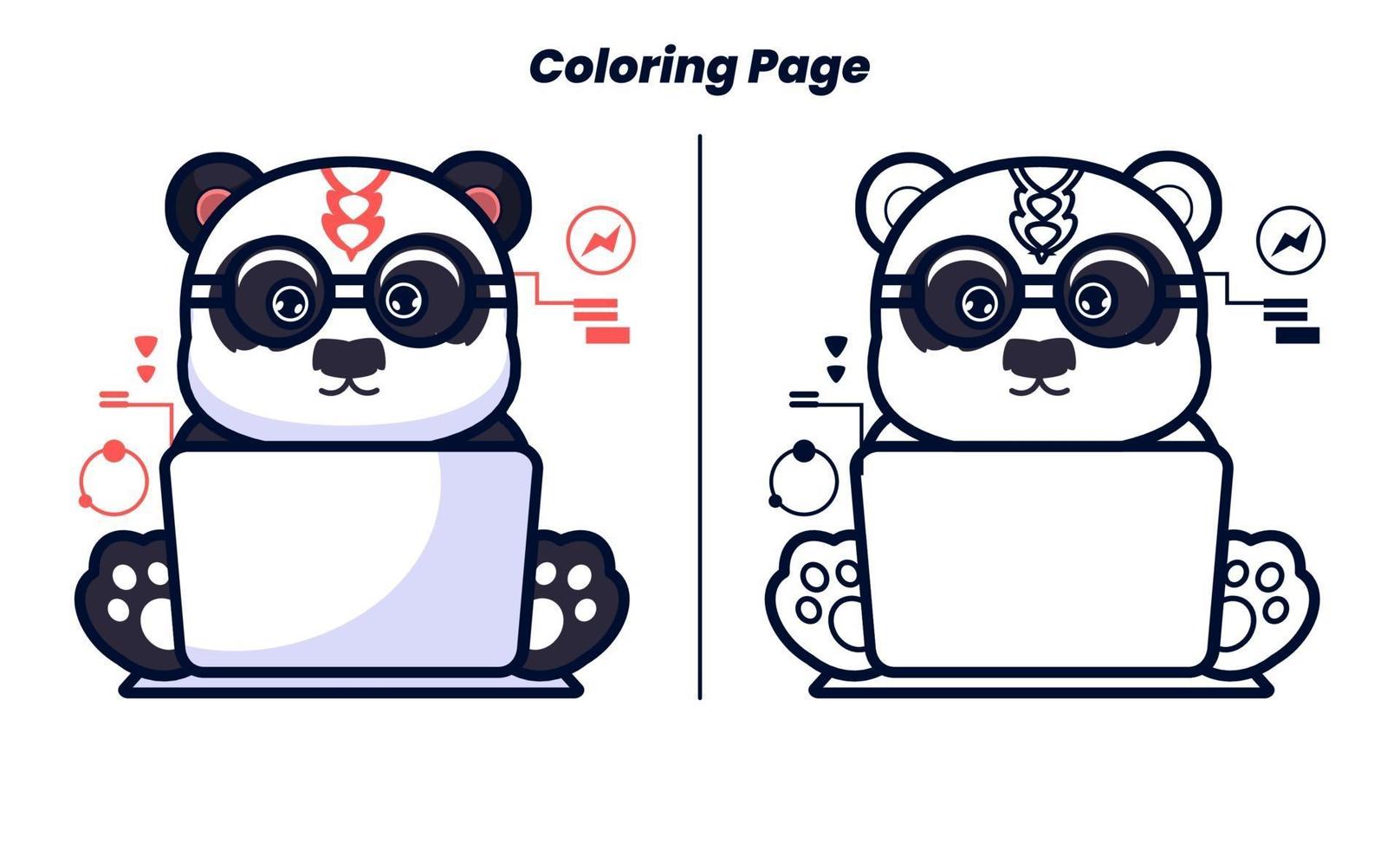 panda playing computer with coloring pages suitable for children vector