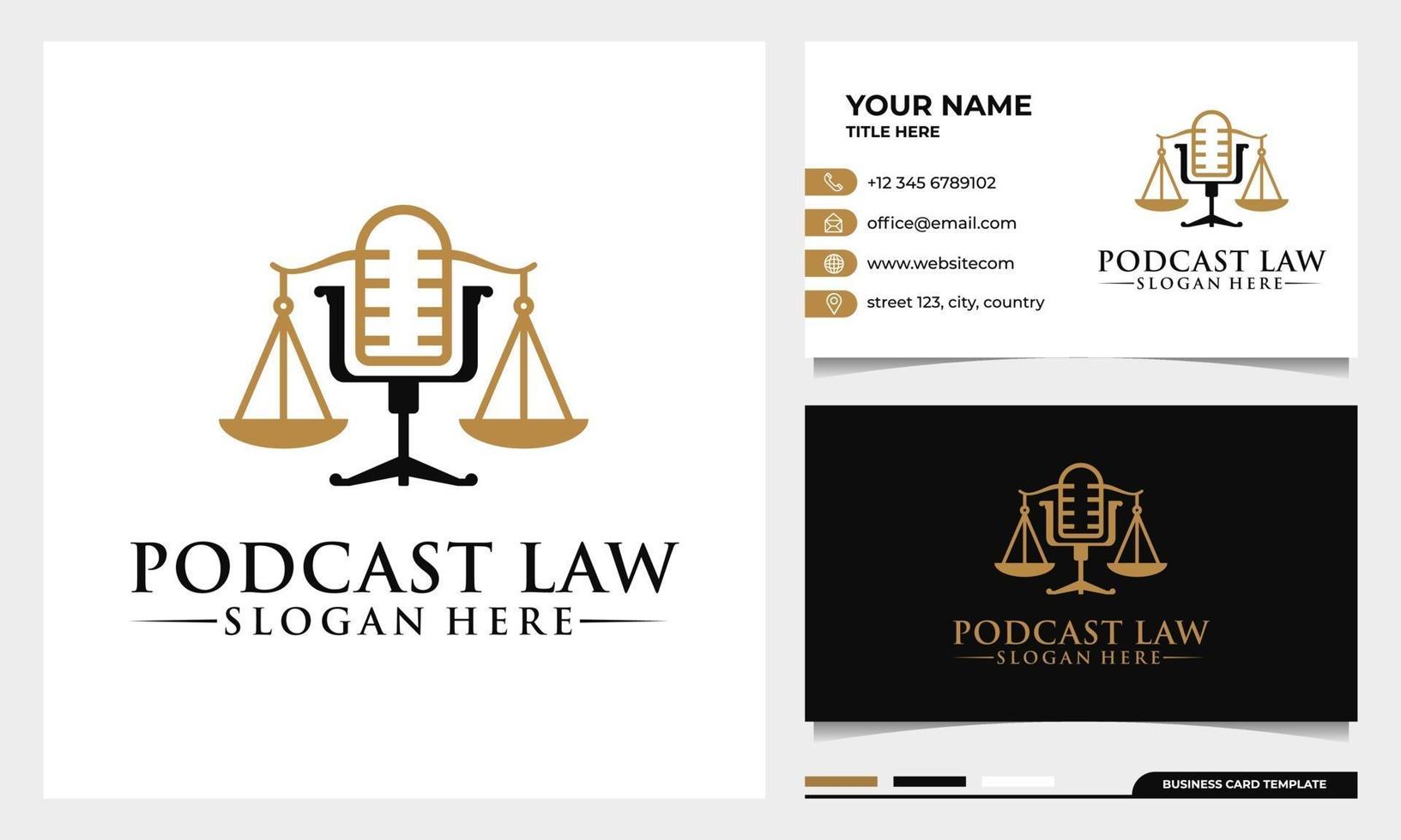 logotipo de micrófono de podcast de justicia de abogado y ley con plantilla de tarjeta de visita vector