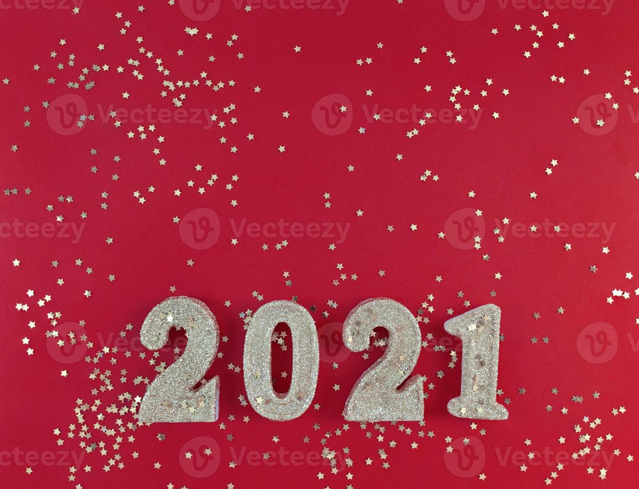 Greeting card of New Year 2021. Siver glitter figures and stars photo
