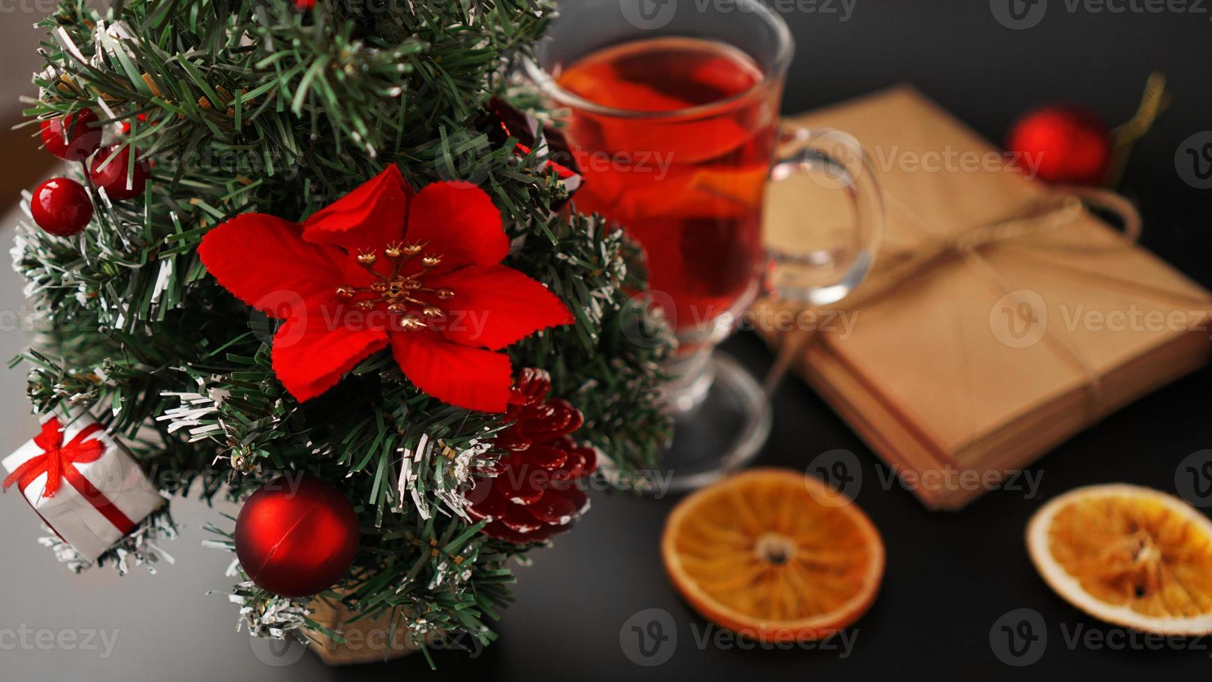 Christmas composition. Xmas festive decoration on black background photo