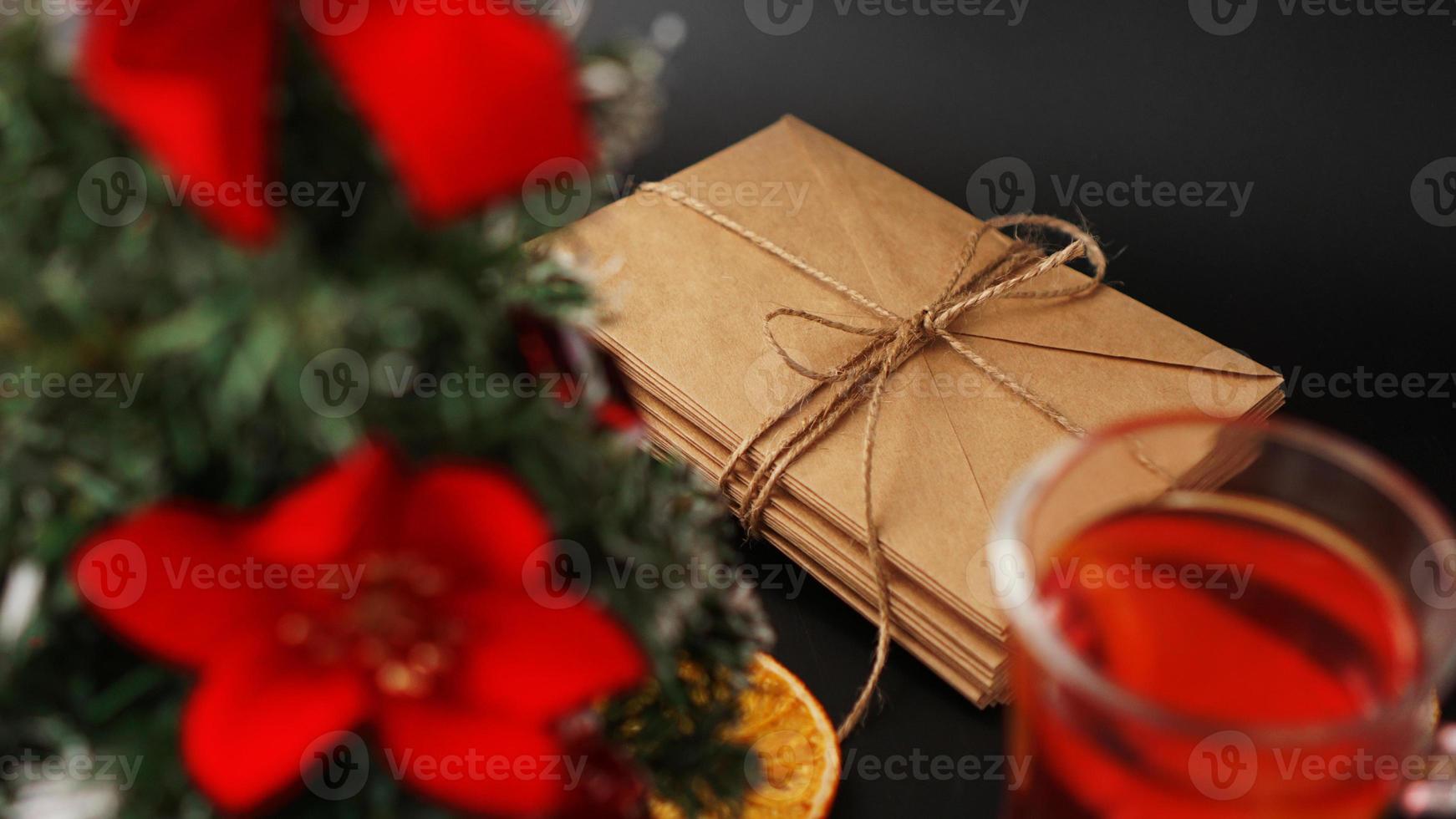 Christmas composition. Xmas festive decoration on black background photo