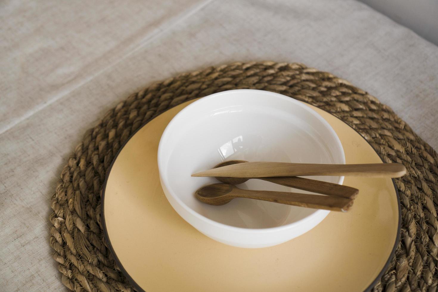 Natural crockery tableware. Dishes neutral tones, scandinavian style photo