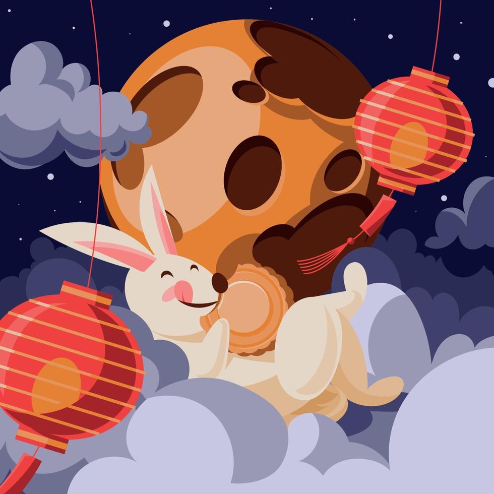Rabbit Eats Mooncake in Mid Autumn Festival vector
