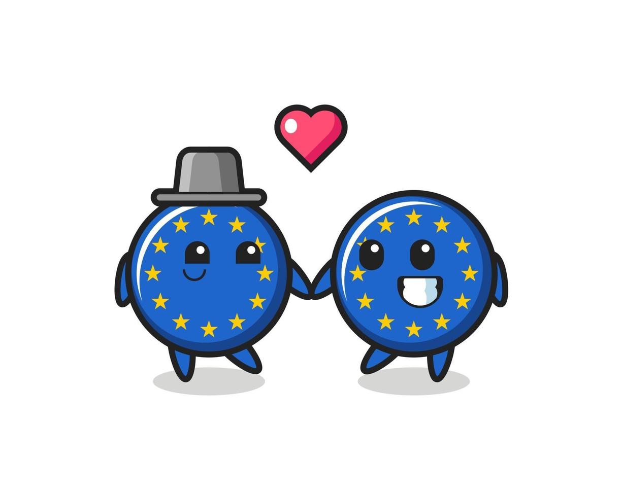 europe flag badge cartoon character couple with fall in love gesture vector