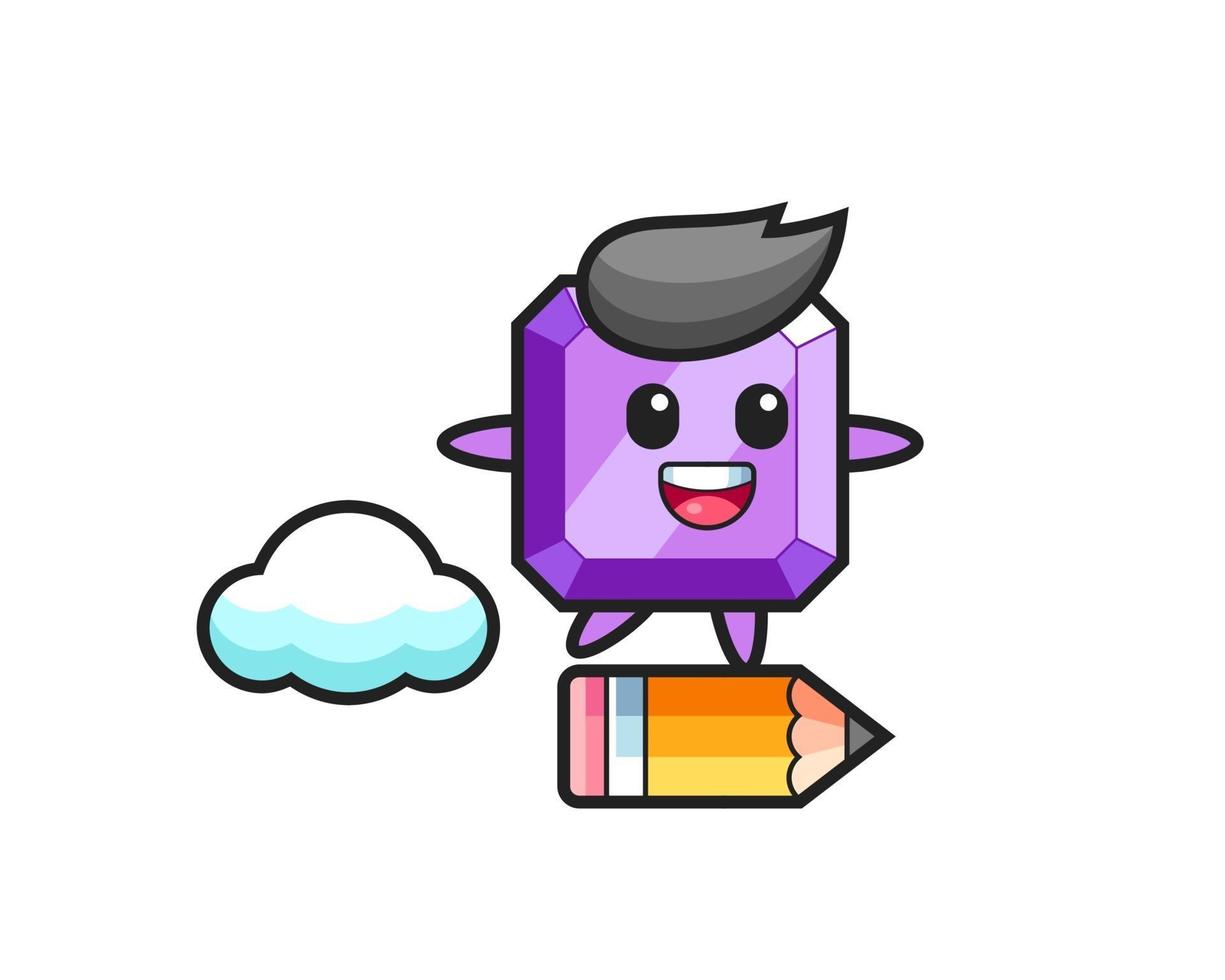 ilustración de mascota de piedra preciosa púrpura montada en un lápiz gigante vector