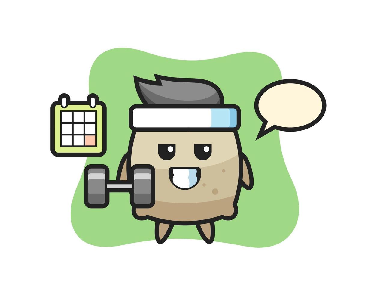 sack mascot cartoon doing fitness with dumbbell vector