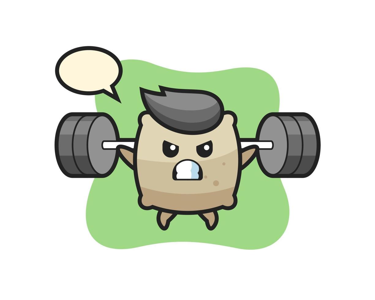 sack mascot cartoon with a barbell vector