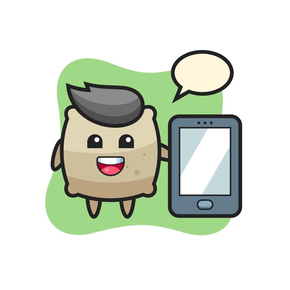 sack illustration cartoon holding a smartphone vector