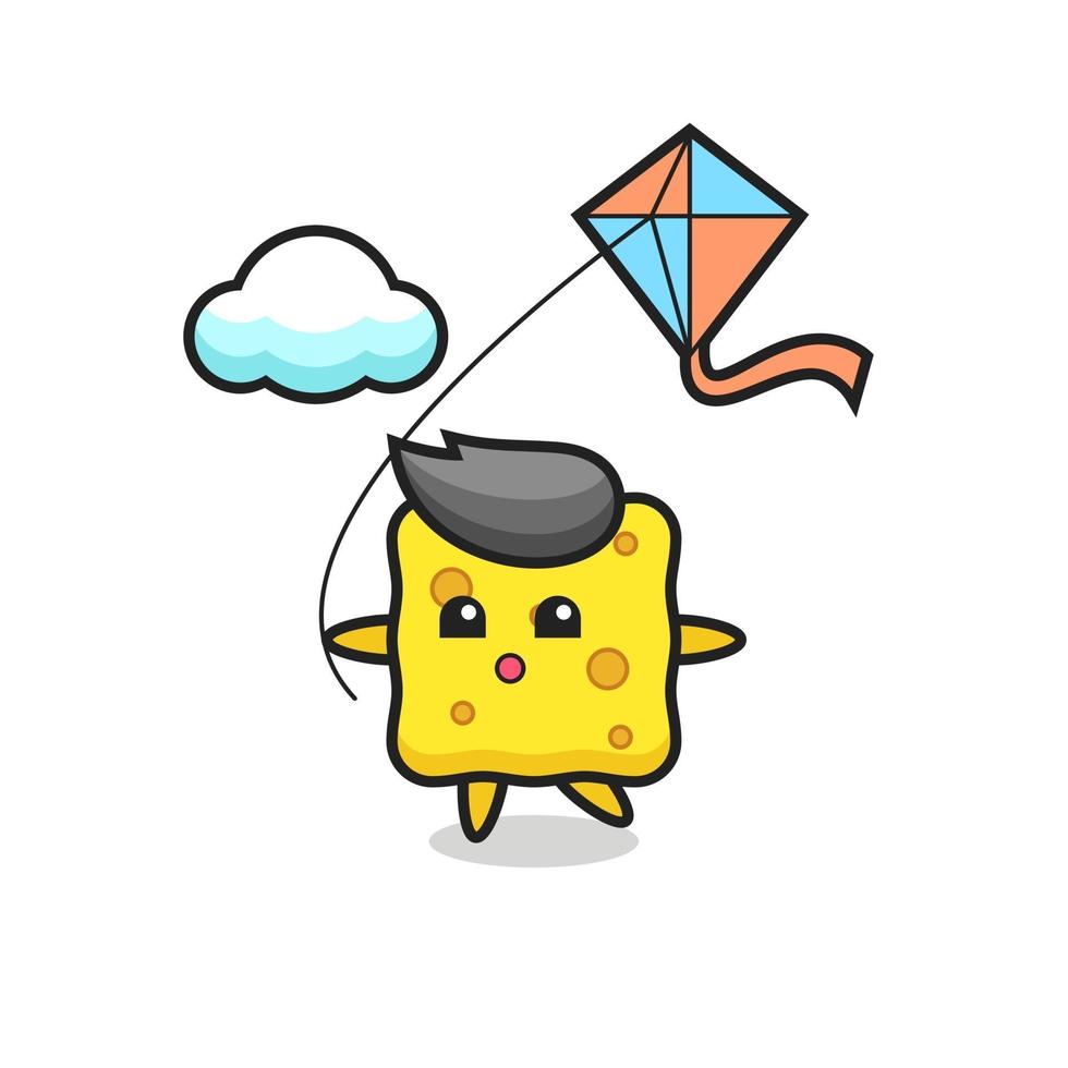 sponge mascot illustration is playing kite vector