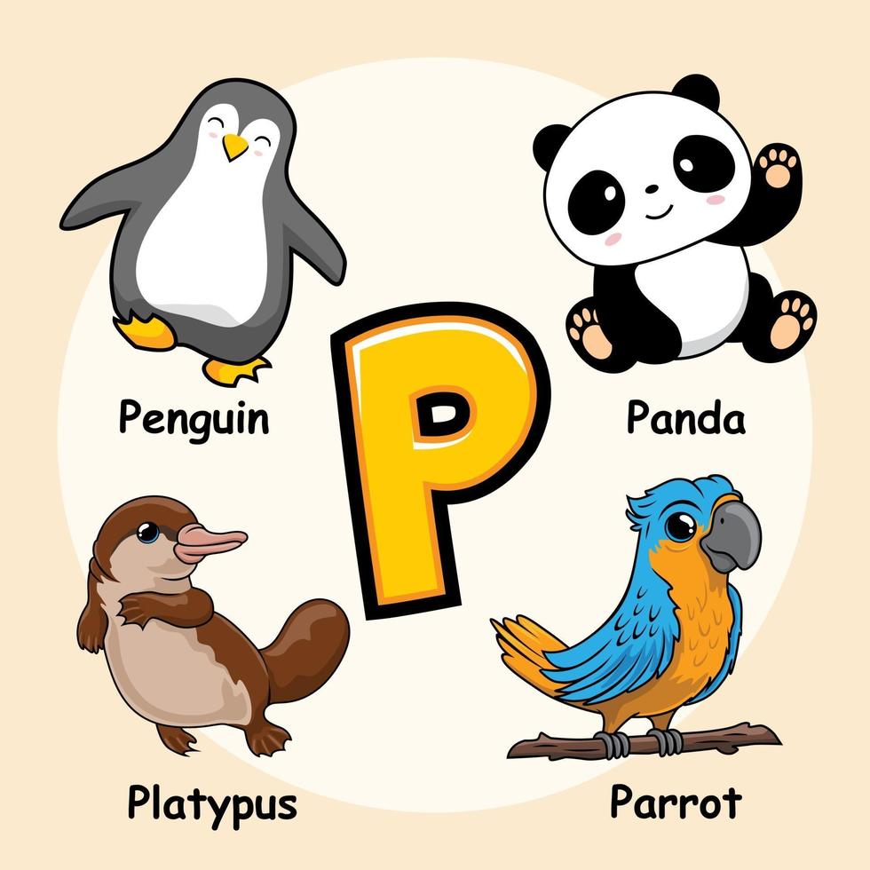 animales alfabeto letra p para pingüino panda ornitorrinco loro vector