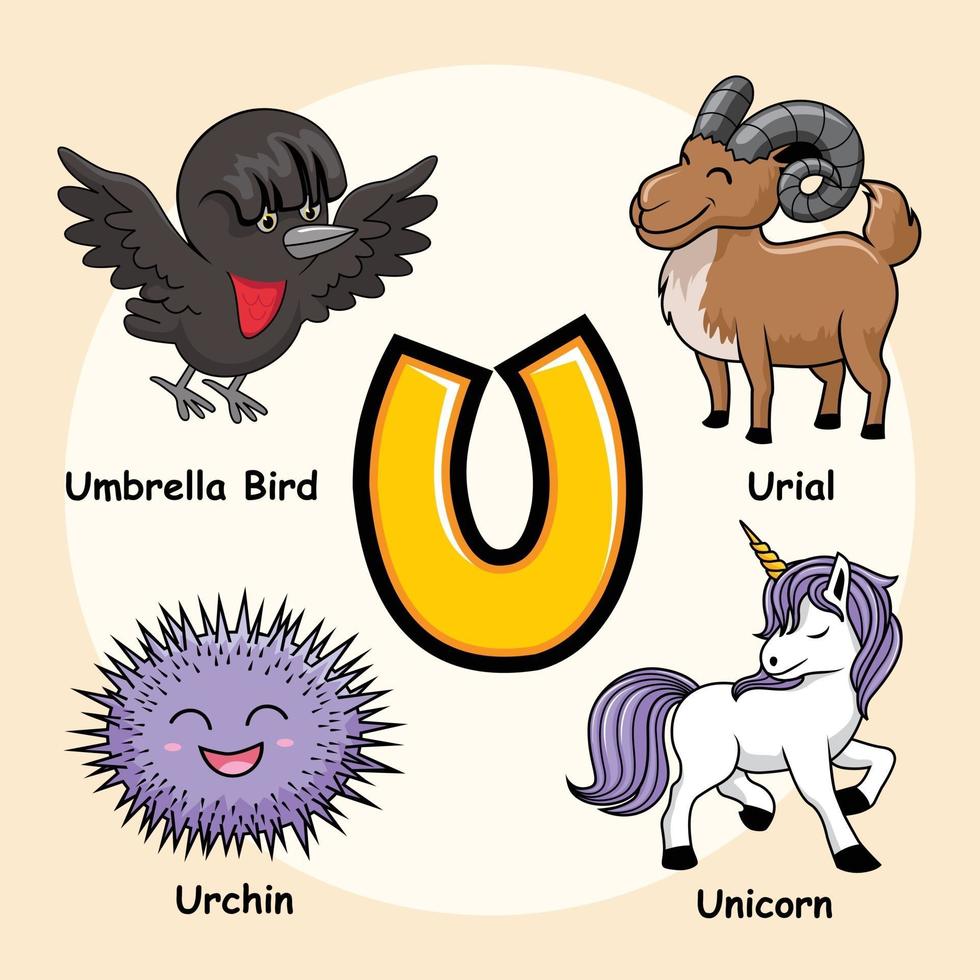 Animals Alphabet Letter U for Unicorn Umbrella Bird Urial Urchin vector