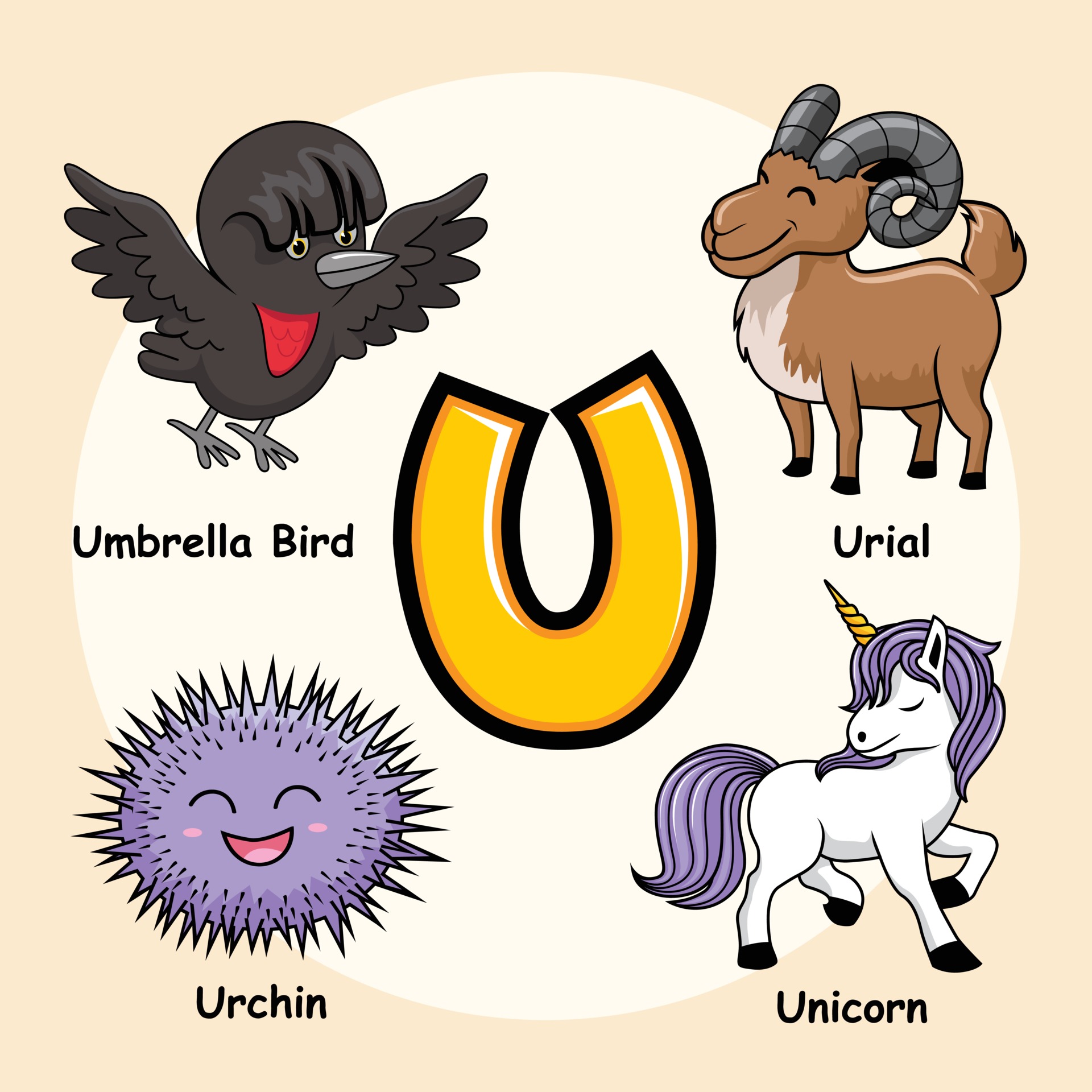 Animales Alfabeto Letra U Para Unicornio Paraguas P jaro Urial Erizo 