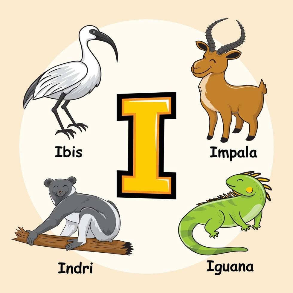 animales alfabeto letra i para iguana ibis impala indri vector