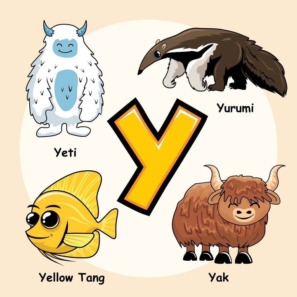 Animals Alphabet Letter Y for Yak Yeti Yuruni Yellow Tang vector