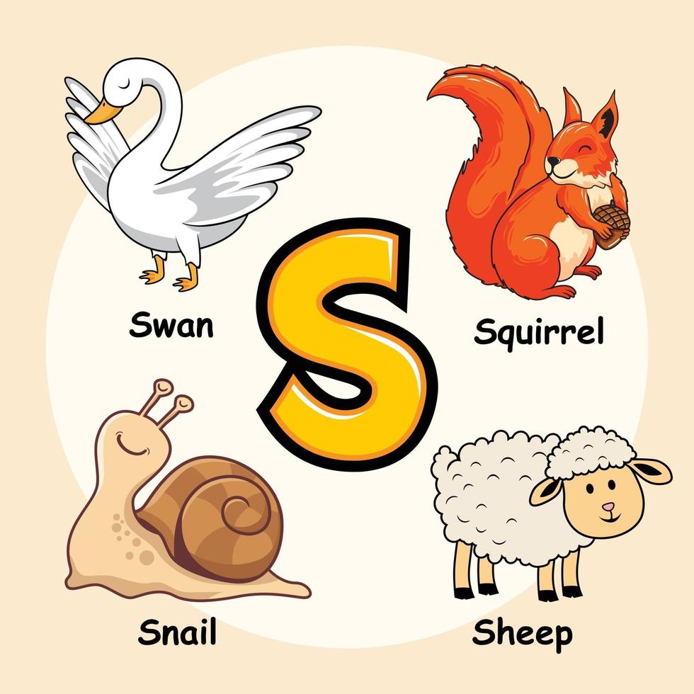 Animals Alphabet Letter S for Squirrel Sheep Swan Snail vector