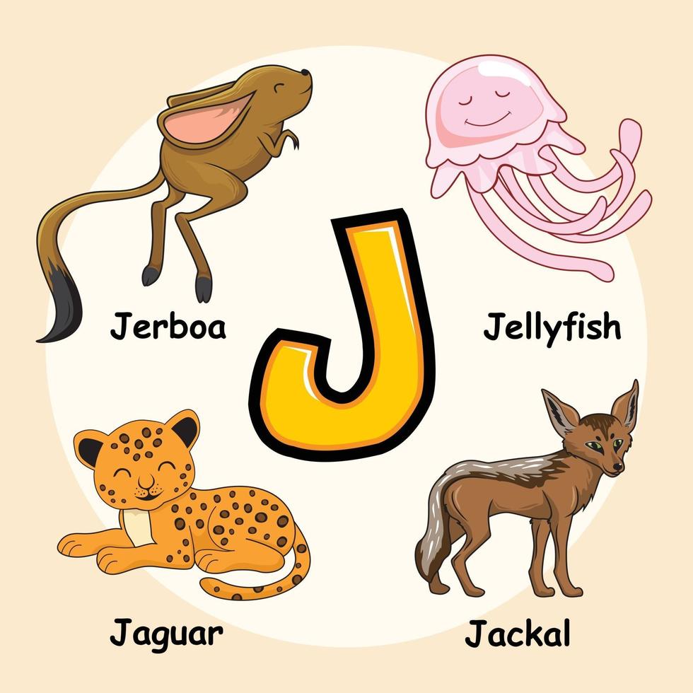 Animals Alphabet Letter J for Jellyfish Jaguar Jackal Jerboa vector