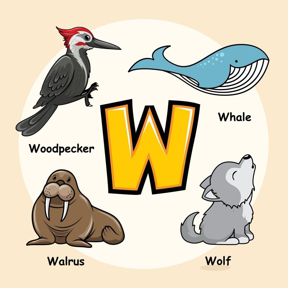 Animals Alphabet Letter W for Whale Wolf Walrus Woodpecker vector