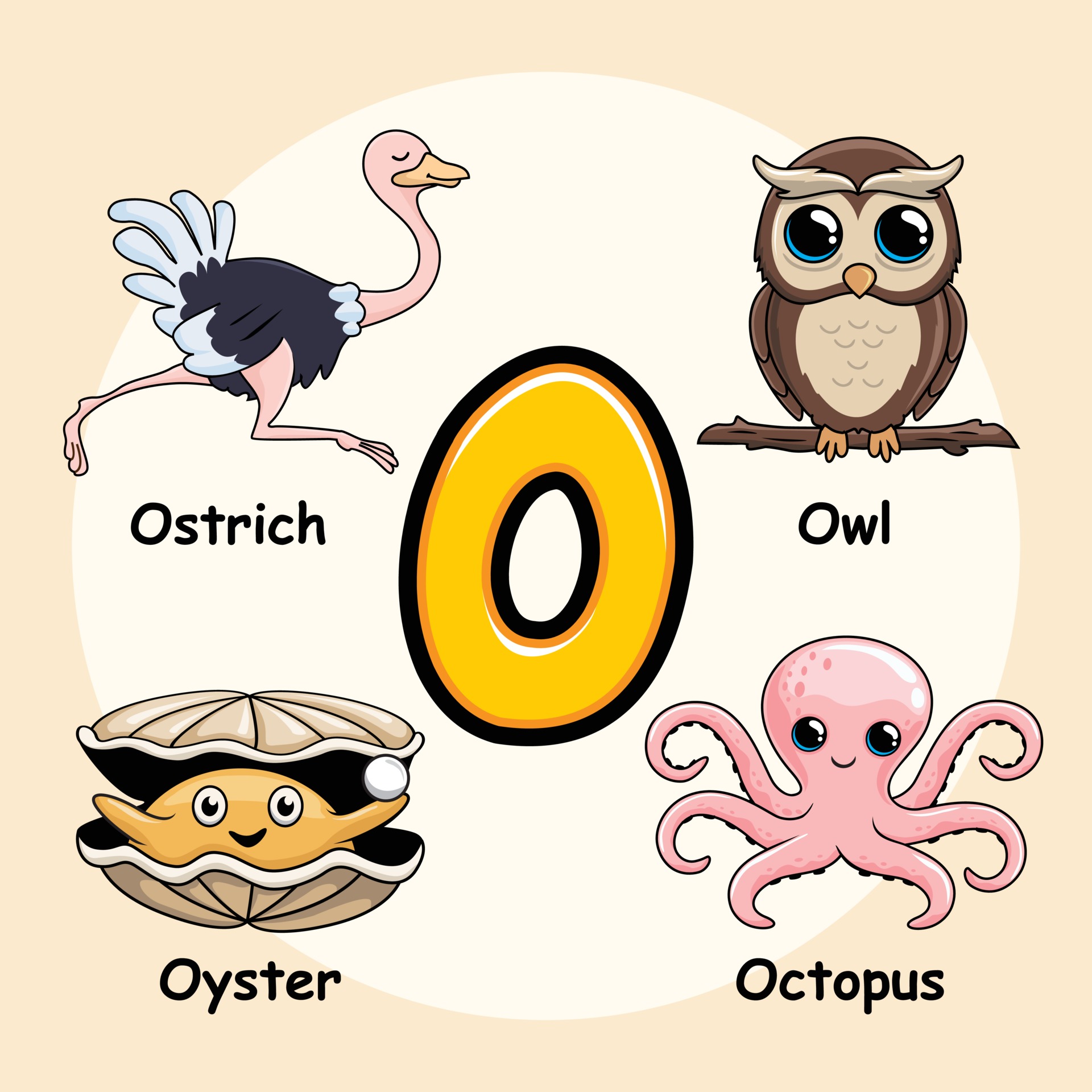 Animals Alphabet Letter O for Owl Octopus Ostrich Oyster 3281067 Vector