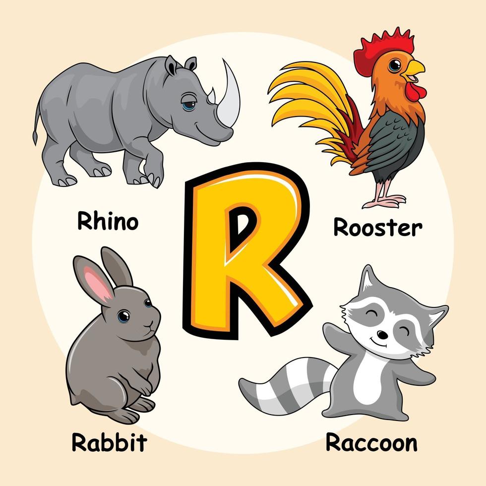 animales alfabeto letra r para mapache gallo rinoceronte conejo rinoceronte vector