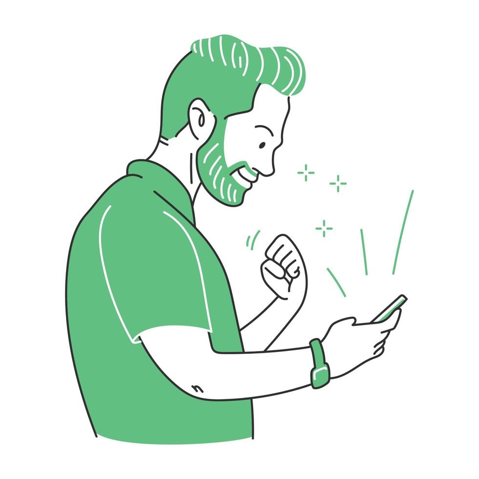 Adult holding cellphone looking for information on the internet. vector