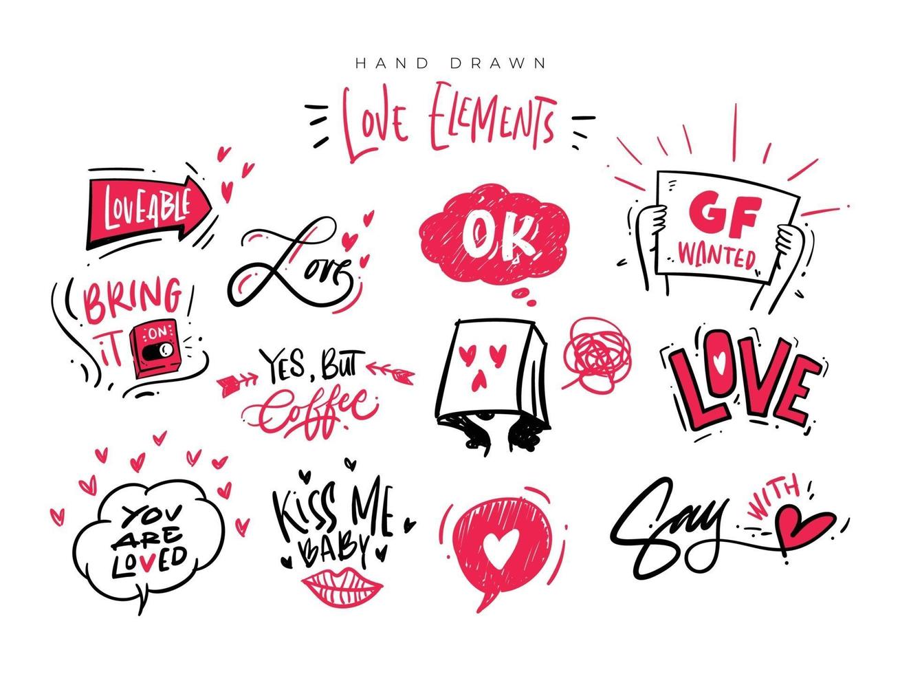 Set of hand drawn love element clipart vector illustration