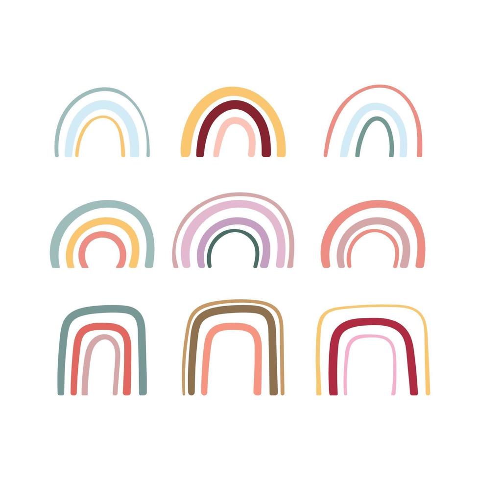 conjunto de 9 arco iris de colores dibujados a mano. arco iris de colores lisos vector