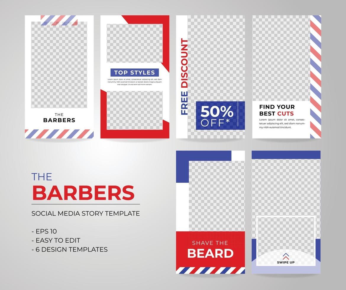 Barbers social media story template 6 in 1 set. vector