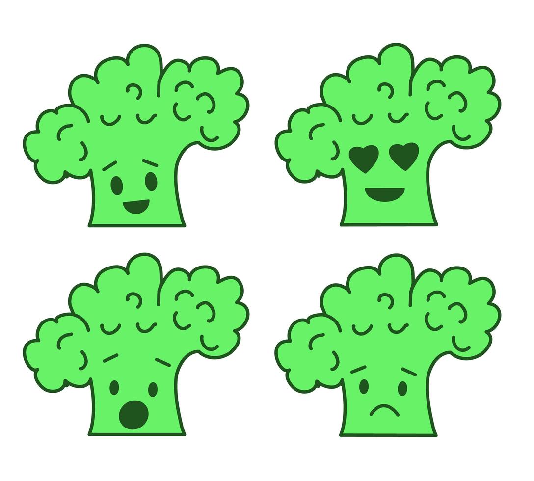 Sel of emoji broccoli stickers isolated on white vector