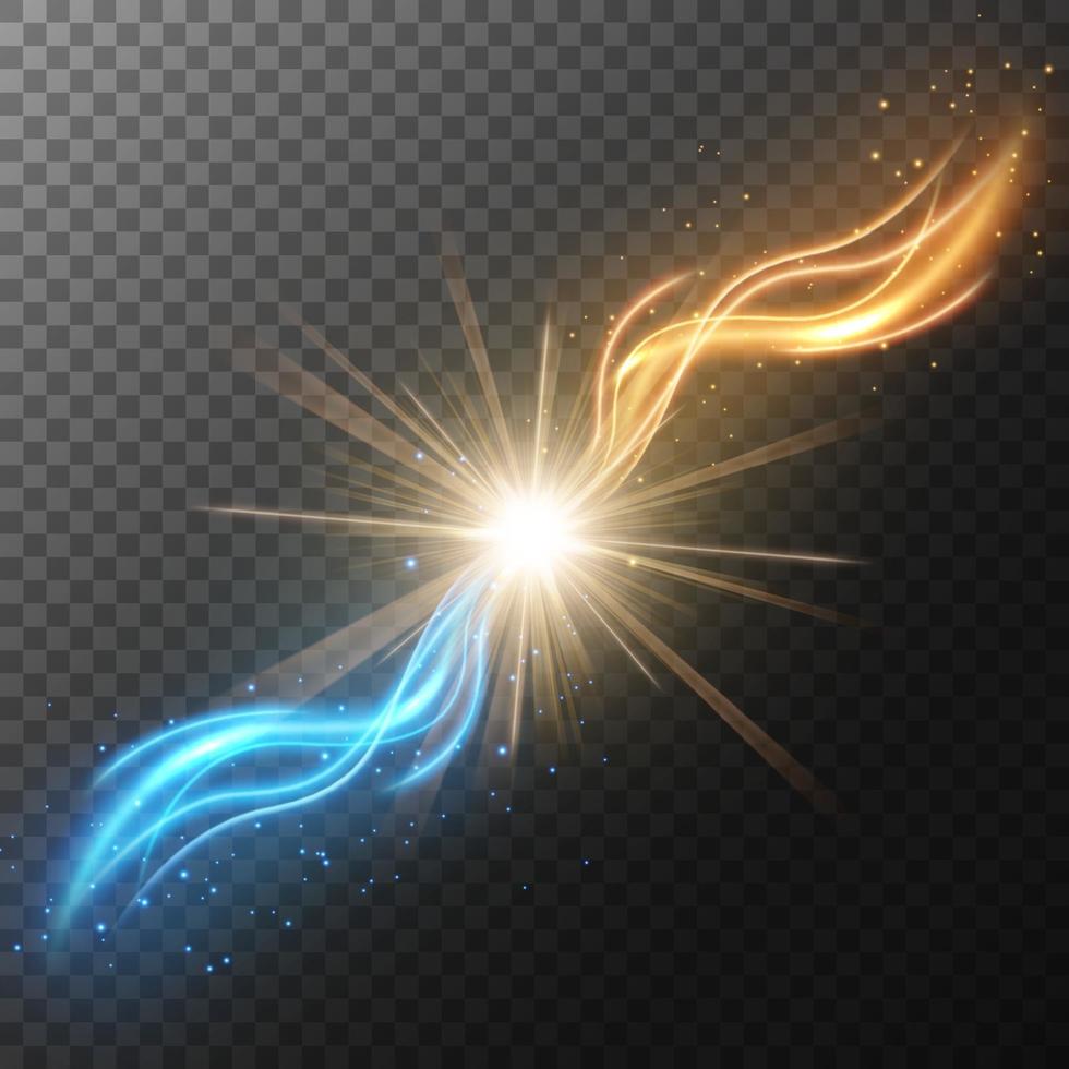 Blue and yellow lights collide causing sparks of light. Vector