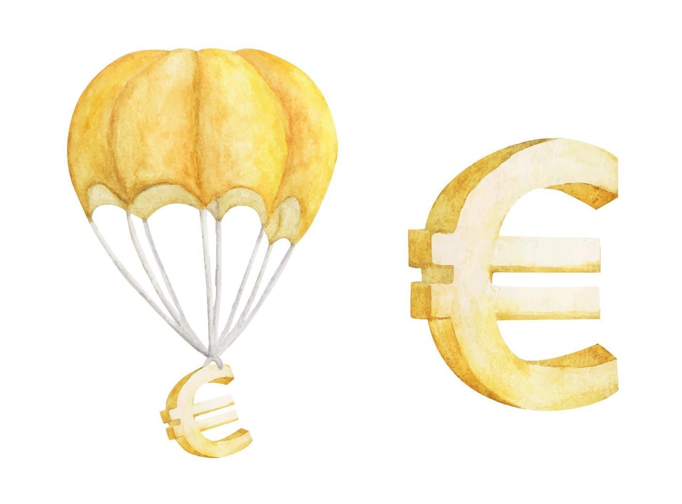 Globo de aire caliente con euro dorado. Ilustración acuarela. vector
