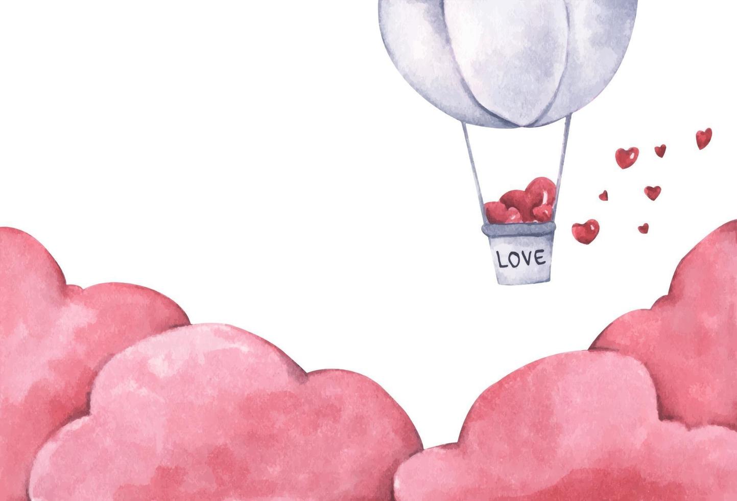 Hot air balloon with heart float on the sky. Watercolor illustration. vector