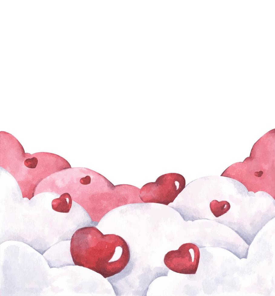 Red hearts shape on clouds. Watercolor illustration. vector