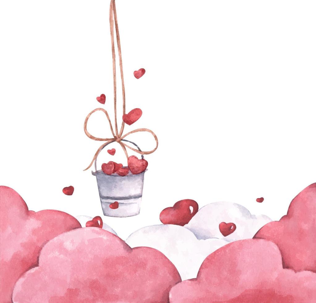 Bucket with hearts hanging on rope with pink clouds. Watercolor. vector
