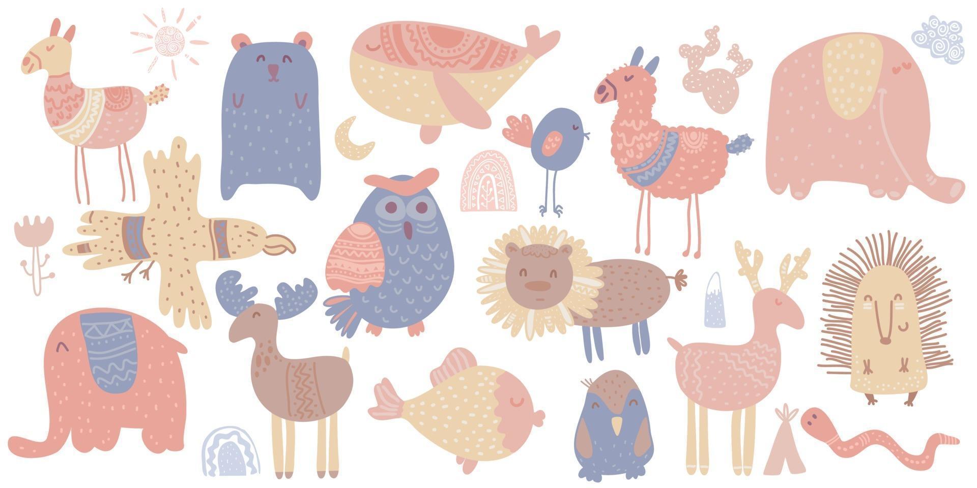 Cute scandinavian animals. Lama, whale, deer, elk, lion, owl, elephant vector