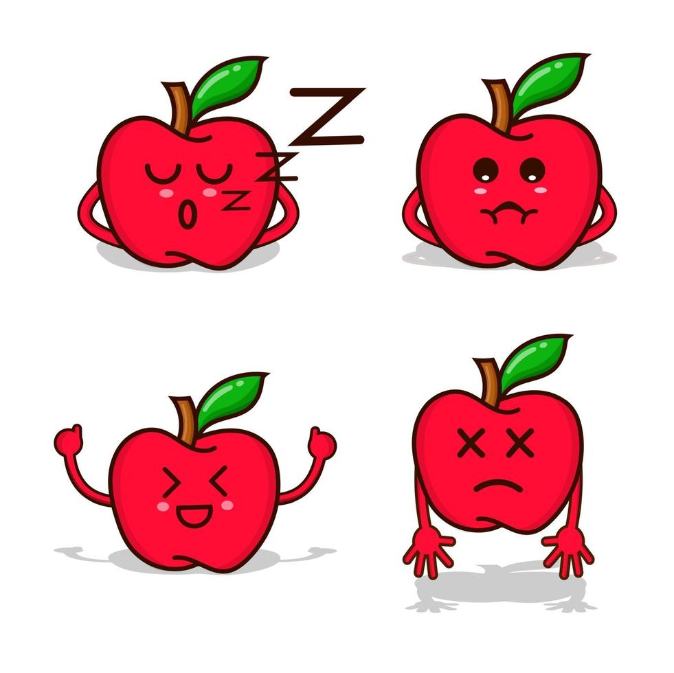 Conjunto de manzana roja con carácter emoticon aislado con mano y cara vector