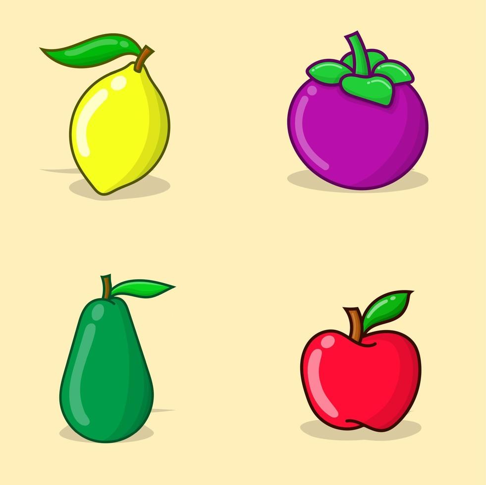 Set of fruit illustration vector. apple, avocado, mangosteen, lemon vector