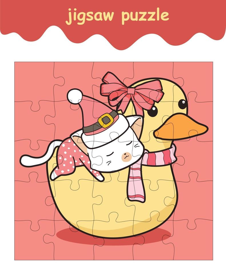 jigsaw puzzle game of cat is riding the duck cartoon vector